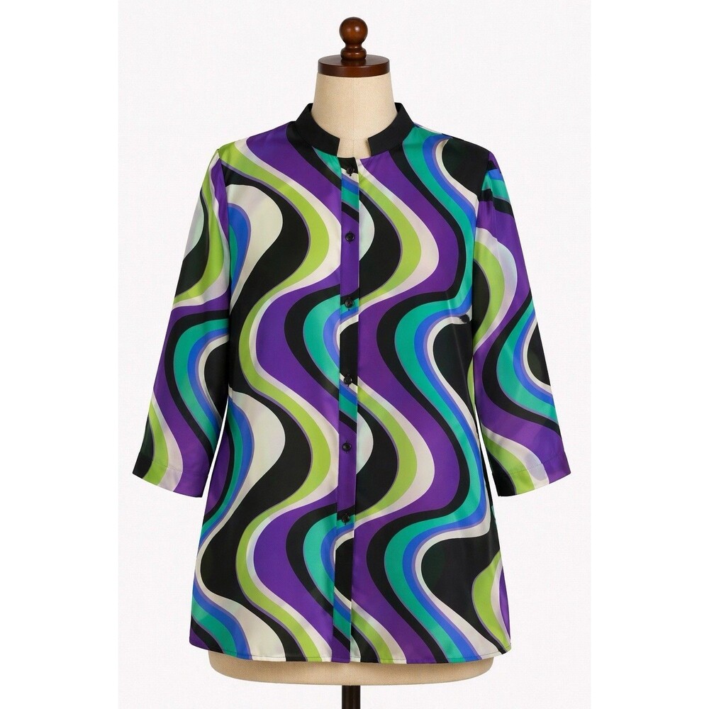 Liz Baker Sheer Blouse Medium Abstract Wavy Print Button Up 3/4 Sleeve